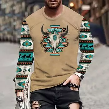 Хлопковая винтажная мужская футболка с длинным рукавом с принтом в стиле вестерн Харадзюку, осенний повседневный уличный модный свитер, мужская свободная одежда L