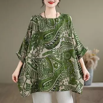 Хлопковая винтажная повседневная свободная длинная футболка большого размера с короткими рукавами, женская летняя футболка зелёный