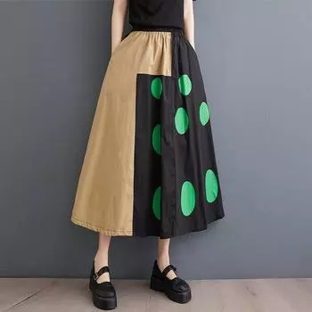 Хлопковая винтажная юбка больших размеров с высокой талией в горошек, весна-лето-осень, повседневная свободная длинная женская юбка