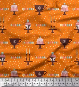 Хлопковая вуаль Soimoi, ткань с принтом в виде праздничного флага, подсвечника и торта, 1 метр 42 дюйма 42 Inch Wide - Cotton Voile оранжевый