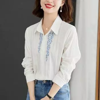 Хлопковая вышитая белая рубашка с защитой от солнца, весна-осень, дизайн, нишевая блузка с длинными рукавами, топ для женщин M