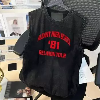 Хлопковая выстиранная футболка без рукавов Мужская летняя футболка с американским свободным жилетом Спортивный и повседневный жилет S