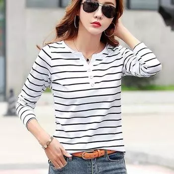 Хлопковая женская футболка с v-образным вырезом, полосатая футболка с длинными рукавами, весна-осень 2023, женская одежда, модный топ, футболка, женские топы 7215 S синий