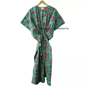 Хлопковая женская летняя одежда для сна в стиле хиппи с цветочным принтом, зеленое длинное платье-кафтан макси CKFTN-SCRN-FULL-BUYIT-085