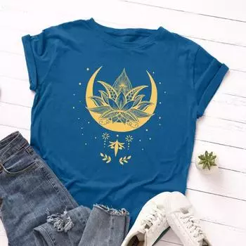 Хлопковая женская свободная футболка с круглым вырезом и короткими рукавами, женская креативная футболка с принтом звездного неба, лотоса, галактики, лотоса, женская футболка S чёрный