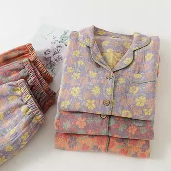 Хлопковая зимняя женская пижама с длинными рукавами, женские пижамные костюмы, комплект из двух предметов, домашняя одежда, пижамы с цветочным жаккардом M