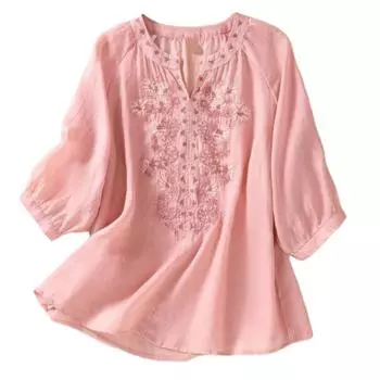 Хлопково-льняная блузка азиатского размера, летняя рубашка с коротким рукавом, женские розовые, белые повседневные топы с v-образным вырезом и вышивкой M розовый