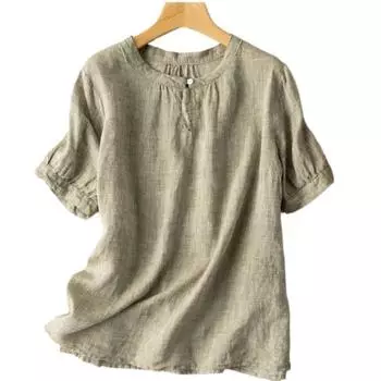 Хлопково-льняная блузка, летняя повседневная однотонная женская блузка в стиле ретро с коротким рукавом и круглым вырезом M армия зеленый