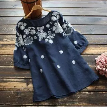 Хлопково-льняная блузка, летняя повседневная рубашка с вышивкой в стиле ретро, женские блузки с коротким рукавом и круглым вырезом M темно-синий