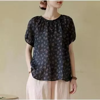 Хлопково-льняная блузка, летняя повседневная рубашка в стиле ретро с цветочным принтом, топ, женские блузки с коротким рукавом и круглым вырезом M темно-синий