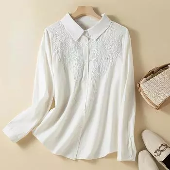 Хлопково-льняная блузка с вышивкой, однотонная весенне-осенняя рубашка на пуговицах, повседневный свободный топ с длинными рукавами с лацканами для женщин M белый