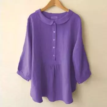 Хлопково-льняная блузка, женская однотонная рубашка в стиле Харадзюку, повседневная рубашка с японским кукольным воротником и пуговицами, рубашка с рукавом три четверти S