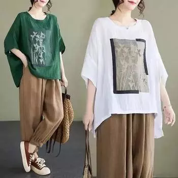 Хлопково-льняная футболка женская с винтажным принтом, свободная футболка, модная повседневная блузка большого размера с коротким рукавом, летняя трендовая тонкая футболка XXXXL