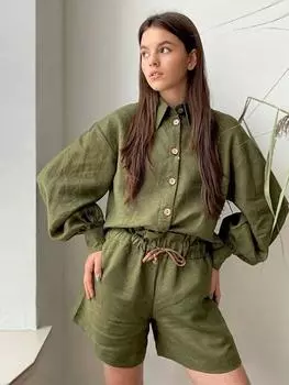 Хлопково-льняная рубашка, комплект из 2 предметов, однотонные винтажные летние женские рубашки с длинными рукавами, 2023, шорты на шнуровке, брюки, костюмы для женщин S зелёный