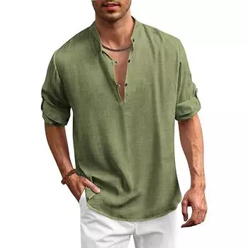 Хлопково-льняная рубашка, мужская осенняя рубашка со стойкой и длинным рукавом, однотонные негабаритные топы, мужские рубашки M зелёный