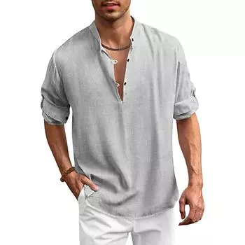 Хлопково-льняная рубашка, мужская осенняя рубашка со стойкой и длинным рукавом, однотонные негабаритные топы, мужские рубашки S серый