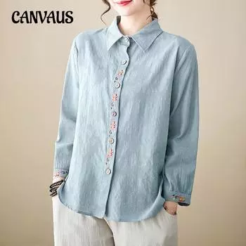 Хлопково-льняная рубашка с лацканами с вышивкой, женская весенне-осенняя рубашка с рукавами девять четвертей, свободная рубашка больших размеров