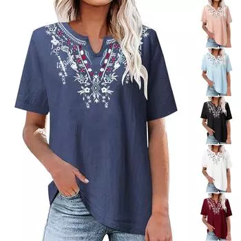 Хлопково-льняная рубашка с вышивкой, однотонная женская художественная рубашка с v-образным вырезом и короткими рукавами, летняя L чёрный