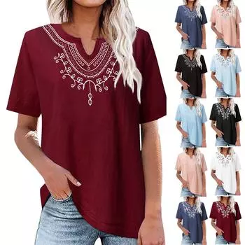 Хлопково-льняная рубашка с вышивкой, однотонная женская художественная рубашка с v-образным вырезом и короткими рукавами, летняя L чёрный