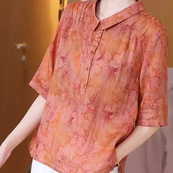 Хлопково-льняная рубашка, женская весенне-летняя свободная блузка с цветочным принтом M