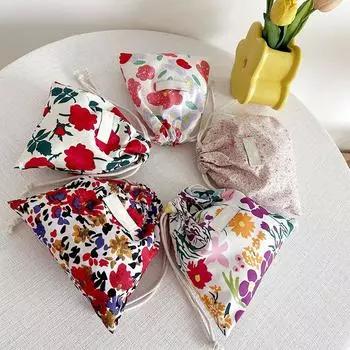 Хлопково-льняная сумка для хранения на шнурке с цветочным принтом, женская сумка для хранения отделки, милая косметичка, рождественский подарок, органайзер для конфетных украшений