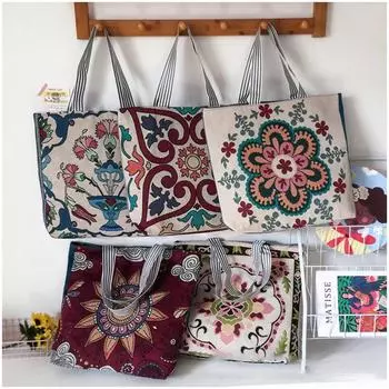 Хлопково-льняная сумка для ручной переноски с принтом, вышитая сумка на плечо, красочные хлопчатобумажные льняные сумки