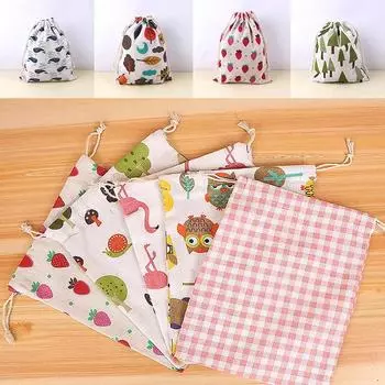 Хлопково-льняная ткань, сумка на шнурке, милая сумка с животным и растительным принтом, детская дорожная тканевая сумка для хранения обуви, чехол для макияжа, Рождественский подарок, сумка S-14x16cm