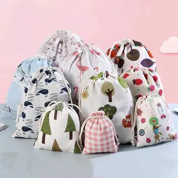 Хлопково-льняная ткань, сумка на шнурке, милая сумка с животным и растительным принтом, детская дорожная тканевая сумка для хранения обуви, чехол для макияжа, Рождественский подарок, сумка S-14x16cm