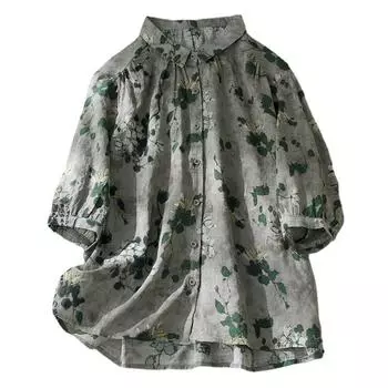 Хлопково-льняная женская рубашка в стиле Харадзюку, свободные женские повседневные рубашки на пуговицах, топы, винтажные блузки большого размера с цветочным принтом L зелёный