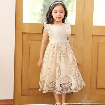 Хлопково-льняное кружевное платье для девочек, летние бежевые платья без рукавов для детей, повседневная модная одежда принцессы для детей 3-12 лет 4T бежевый