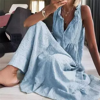 Хлопково-льняное платье макси без рукавов однотонное для женщин в европейском и американском стиле L синий