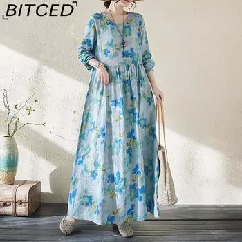 Хлопково-льняное свободное длинное платье, женские весенне-летние новые свободные тонкие темпераментные платья с длинными рукавами с литературным принтом в стиле ретро L бледно-синий