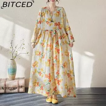 Хлопково-льняное свободное длинное платье, женское новое свободное тонкое льняное платье с длинными рукавами с литературным принтом в стиле ретро L жёлтый