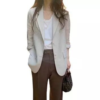 Хлопково-льняной костюм в стиле ретро с гонконгским вкусом, ранняя весна, тонкий срез, свободный повседневный дизайн, топы больших размеров One Size бежевый