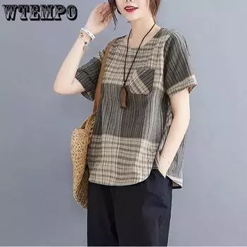 Хлопково-льняной топ в стиле ретро, летняя свободная футболка в клетку для девочек, универсальное модное платье с короткими рукавами XXXXL