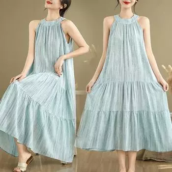 Хлопково-льняной жилет-юбка 2025 лето веер однотонный юбка-клеш большого размера тонкое льняное платье без рукавов M светло-синий