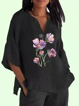 Хлопково-льняные блузки больших размеров для женщин, модная рубашка с v-образным вырезом и длинными рукавами 3/4, женский повседневный пуловер с принтом, свободный топ 2XL чёрный