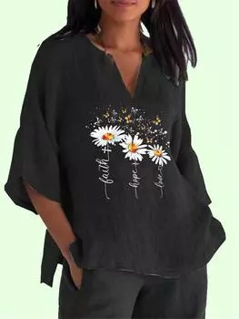 Хлопково-льняные блузки больших размеров для женщин, повседневная рубашка с v-образным вырезом и длинными рукавами 3/4, женский модный пуловер с принтом, свободный топ 2XL синий