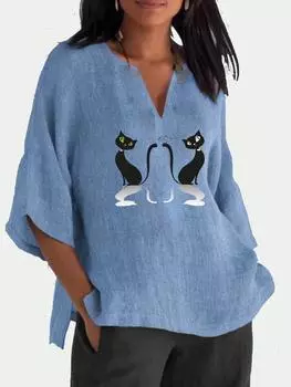 Хлопково-льняные блузки больших размеров для женщин, модная рубашка с v-образным вырезом и длинными рукавами 3/4, женский повседневный пуловер с принтом, свободный топ 2XL синий