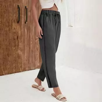 Хлопково-льняные брюки для женской моды, повседневные брюки с кружевной отделкой, однотонные брюки на кулиске, пляжные брюки S