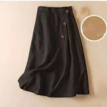 Хлопково-льняные юбки Женские Шикарные Повседневные Средней Длины Элегантные Универсальные Для Поездок На Работу Юбка Большого Клеша Дышащая С Пуговицей S чёрный