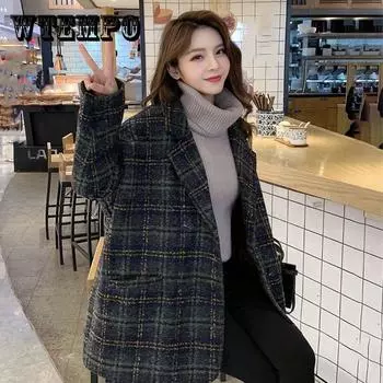 Хлопково-шерстяное пальто в клетку Женское весеннее свободное шерстяное пальто средней длины XXL темно-зеленого