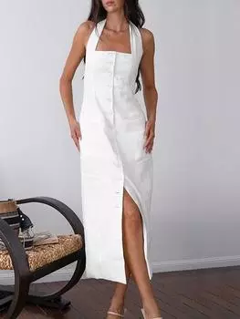 Хлопковое белое платье с лямкой на шее и открытой спиной для женщин, однобортное элегантное платье миди с разрезом и открытыми плечами, повседневное офисное женское платье S белый