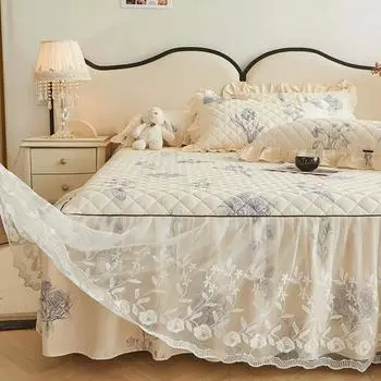 Хлопковое двойное кружевное покрывало для спальни с цветочным принтом, корейское нескользящее пылезащитное покрывало, студенческое постельное белье, одинарный двойной наматрасник, защита 1pc Skirt 150x200cm