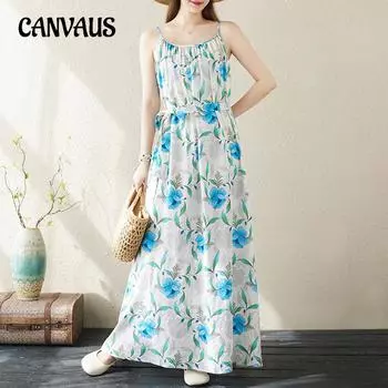 Хлопковое и льняное длинное платье больших размеров с бретельками и цветочным принтом, летнее богемное пляжное платье для отдыха и путешествий на море One Size белый/синий