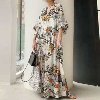 Хлопковое и льняное летнее платье больших размеров с принтом, женское повседневное свободное платье с v-образным вырезом, женское простое винтажное элегантное платье с цветочным принтом 24363 S тёмно-синий