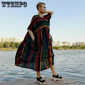 Хлопковое и льняное платье больших размеров в винтажном стиле с вышивкой в полоску, женское повседневное свободное длинное летнее платье с круглым вырезом и короткими рукавами One Size
