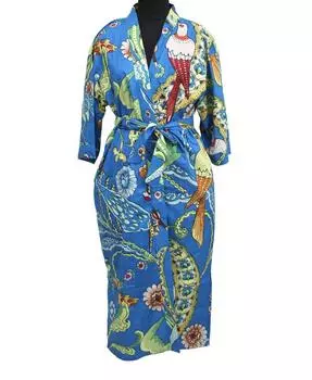 Хлопковое кимоно синего цвета, летняя одежда, цветочное пляжное кимоно, купальное платье One Size разноцветный