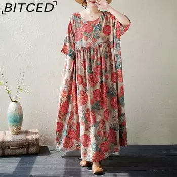 Хлопковое льняное летнее новое платье большого размера с короткими рукавами и круглым вырезом с принтом, женские пляжные платья в курортном стиле One Size зелёный