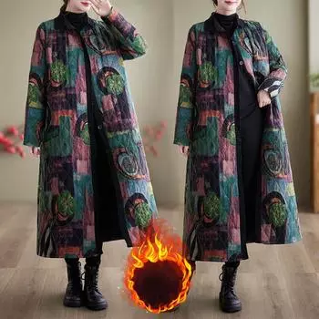 Хлопковое льняное пальто, женское зимнее длинное утолщенное удобное пальто в стиле ретро, женское свободное повседневное теплое пальто L